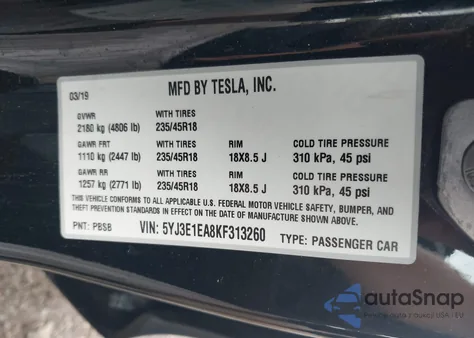 2019 Tesla Model 3 Long Range/Mid Range/Standard Range/Standard Range Plus from USA, damaged, VIN 5YJ3E1EA8KF313260